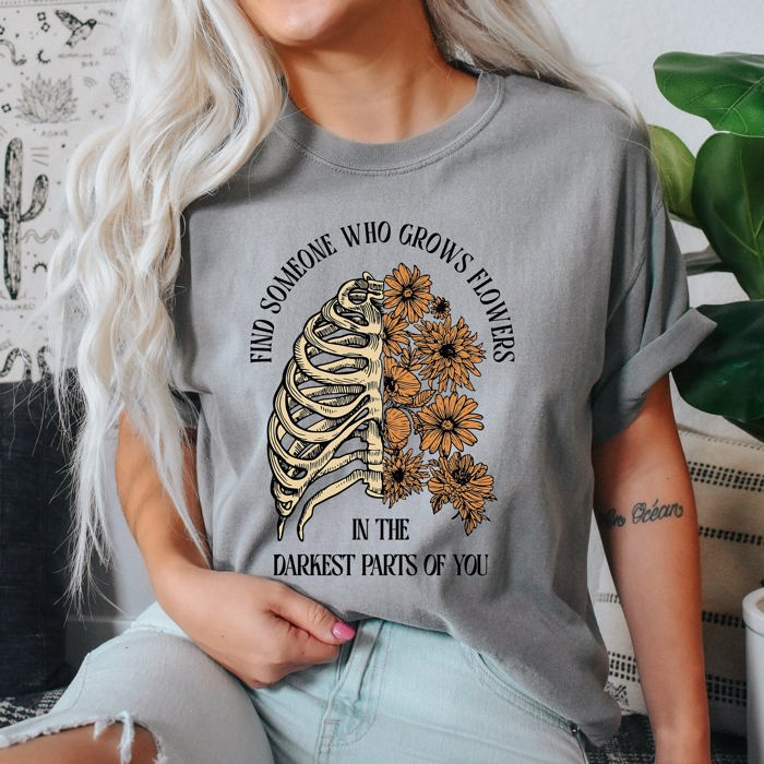 Find Someone Who Grows Flowers Skeleton Cowgirl Graphic Illustration Comfort Colors Tee