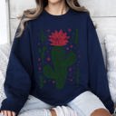 Medium Navy Flowering Desert Cactus and Succulent Plants Cowgirl Western Floral Motif Sweatshirt