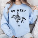 Small Light Blue Go West Cowboy Horse Western Retro Vintage Americana Frontier Heritage Sweatshirt
