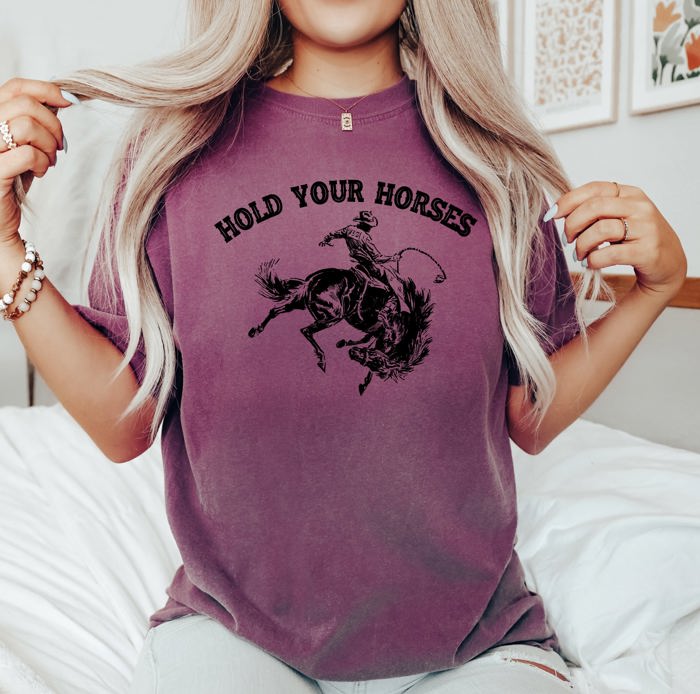 Hold Your Horses BroncoRider Rodeo Cowboy Western Country Cowgirl Comfort Colors Tee