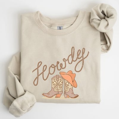 Howdy Cowboy Boots Western Country Cowgirl Rustic Rodeo Style Artsy Vintage Print Cozy Fleece Sweatshirt