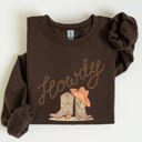 Small Dark Chocolate Brown Howdy Cowboy Boots Western Country Cowgirl Rustic Rodeo Style Artsy Vintage Print Cozy Fleece Sweatshirt