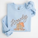 Medium Light Blue Howdy Cowboy Boots Western Country Cowgirl Rustic Rodeo Style Artsy Vintage Print Cozy Fleece Sweatshirt