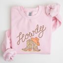 Large Light Pink Howdy Cowboy Boots Western Country Cowgirl Rustic Rodeo Style Artsy Vintage Print Cozy Fleece Sweatshirt