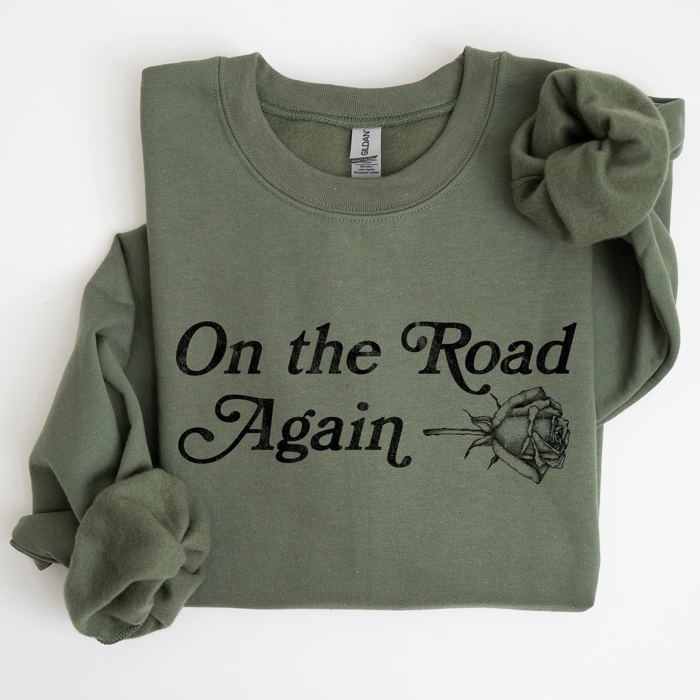 On The Road Again Roses Western Cowboy Willie Road Trip Theme Vintage Country Music Sweatshirt