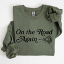 XXL Military Green On The Road Again Roses Western Cowboy Willie Road Trip Theme Vintage Country Music Sweatshirt