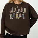Large Dark Chocolate Brown Colorful Cowboy Boots Western Cowgirl Country Vivid Graphic Artwork Celebrating Ranch Life and Sunset Trails Sweatshirt