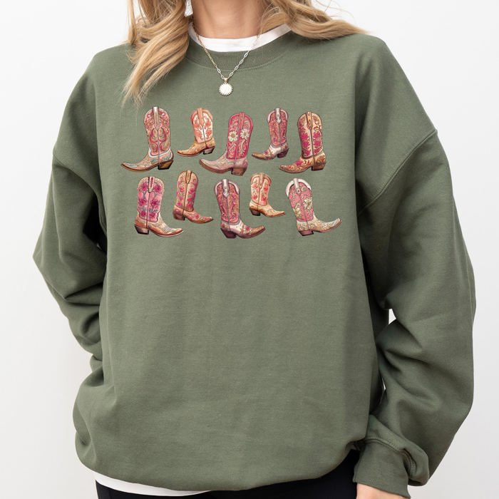 Colorful Pink Cowboy Boots Western Cowgirl Graphic Rodeo Spirit Pattern Sweatshirt