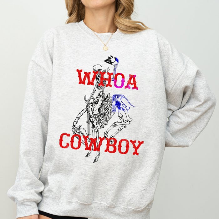 Whoa Cowboy Bronco Ride Rodeo Skeleton Illustration Across The Wild West Theme Stories Sweatshirt