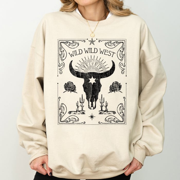 Wild Wild West Skull Cattle Cowboy Cowgirl Western Frontier Legend Saloon Style Sweatshirt
