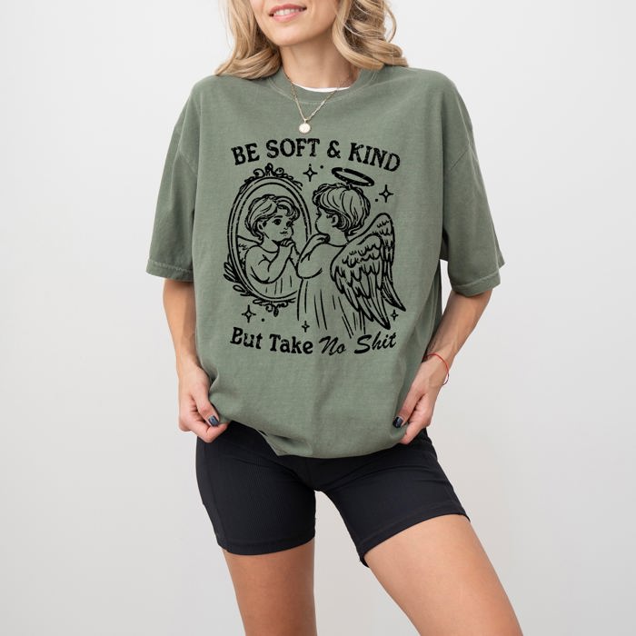Take No Shit Angel Be Kind Meme Quote Bold Attitude Statement For Everyday Wear And Confidence Comfort Colors Tee
