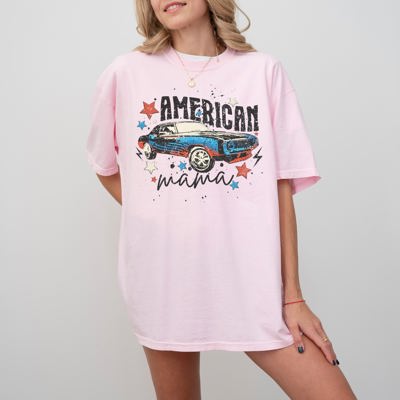 American Mama Retro Vintage Muscle Car Concert Music Patriotic USA Independence Day Comfort Colors Tee
