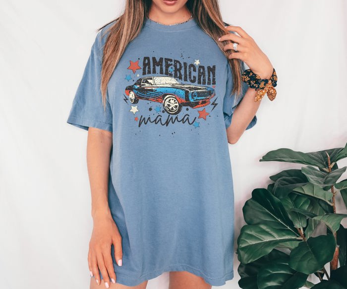 American Mama Retro Vintage Muscle Car Concert Music Patriotic USA Independence Day Comfort Colors Tee
