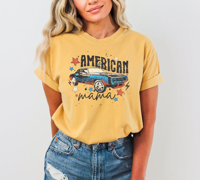 American Mama Retro Vintage Muscle Car Concert Music Patriotic USA Independence Day Comfort Colors Tee