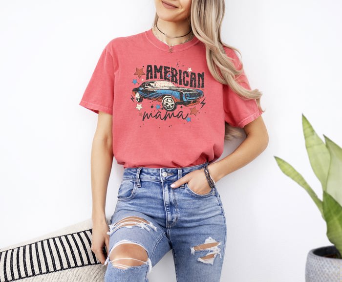 American Mama Retro Vintage Muscle Car Concert Music Patriotic USA Independence Day Comfort Colors Tee