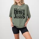 Small Moss Dark Green Don't Worry Honey Round Here We Leave the Judgin' to Jesus Country Western Christian God Is Love Comfort Colors Tee