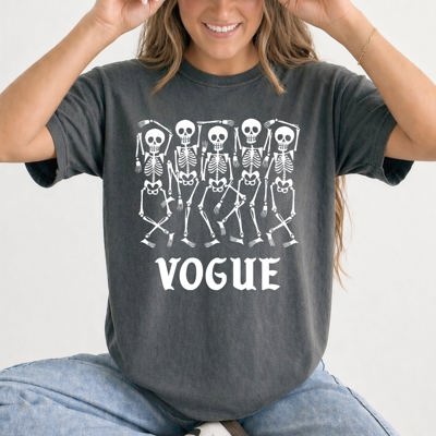 Vogue Skeletons Voguing Halloween Funny Sassy Camp Couture Retro Spooky Comfort Colors Tee