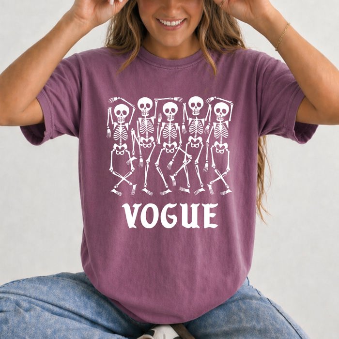 Vogue Skeletons Voguing Halloween Funny Sassy Camp Couture Retro Spooky Comfort Colors Tee