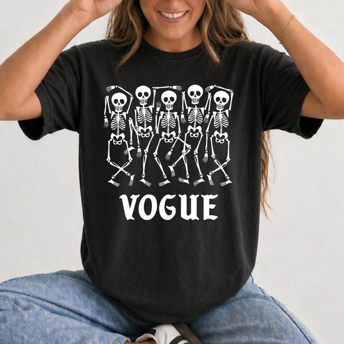 Vogue Skeletons Voguing Halloween Funny Sassy Camp Couture Retro Spooky Comfort Colors Tee