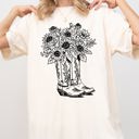 Medium Ivory Cream Cowboy Boots And Flowers, Cowgirl, Western, Retro Vibe, Rustic Flair, Western Americana Comfort Colors Tee