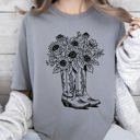 Medium Granite Cowboy Boots And Flowers, Cowgirl, Western, Retro Vibe, Rustic Flair, Western Americana Comfort Colors Tee