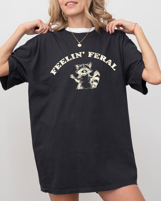 Feelin Feral Raccoon Aesthetic Trendy Humorous Playful Illustrative Comfort Colors Tee