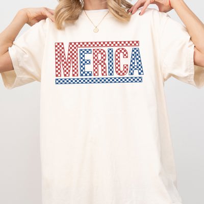 Merica America Retro Checkered Independence Day USA Fourth Of July Comfort Colors Tee