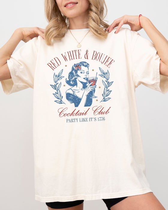 Red White Boujee Cocktails Party 1776 America USA Patriotic Independence Day Fourth Of July Sassy Comfort Colors Tee