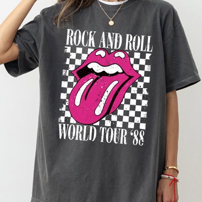 Rock And Roll World Tour Lips And Tongue Checkered 80s Rock Retro Classic Rock Comfort Colors Tee