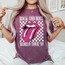 Large Berry Red Rock And Roll World Tour Lips And Tongue Checkered 80s Rock Retro Classic Rock Comfort Colors Tee