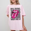 Large Blossom Light Pink Rock And Roll World Tour Lips And Tongue Checkered 80s Rock Retro Classic Rock Comfort Colors Tee