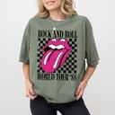 XXXL Moss Dark Green Rock And Roll World Tour Lips And Tongue Checkered 80s Rock Retro Classic Rock Comfort Colors Tee