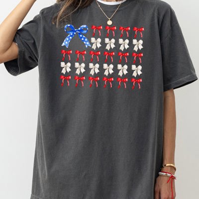 Flag Ribbons and Bows Fourth Of July America Red White Blue Patriotic Girly Coquette Comfort Colors Tee