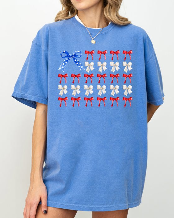 Flag Ribbons and Bows Fourth Of July America Red White Blue Patriotic Girly Coquette Comfort Colors Tee