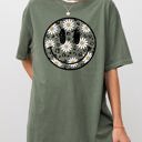 XL Moss Dark Green Retro Smiley Daisies Happy Vintage Floral Patchwork Print Inspired By Classic 70s Sunshine Mood Comfort Colors Tee