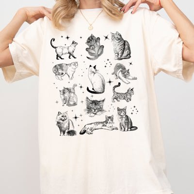 Magical Cats Vintage Hand Drawn Tarot Sparkles Kitten Breeds Illustration Comfort Colors Tee