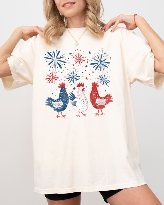 Patriotic Chickens USA America Fireworks Independence Day 4th Of July Comfort Colors Tee