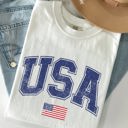 Medium White USA Flag Collegiate Varsity Patriotic Independence Day Fourth Of July America Olympics Comfort Colors Tee
