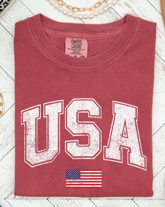USA Flag Collegiate Varsity Olympics Patriotic Independence Day Fourth Of July America Comfort Colors Tee