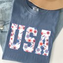 Large Blue Jean USA Floral Patriot Crest With Americana Flowers And Summer Pride Comfort Colors Tee