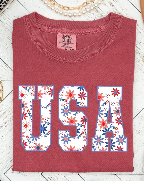 USA Floral Patriot Crest With Americana Flowers And Summer Pride Comfort Colors Tee