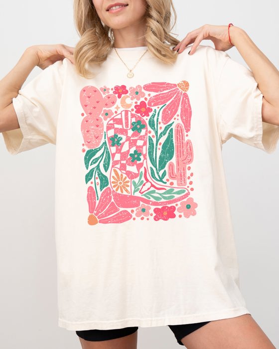 Boho Floral Cowboy Boots Colorful Summer Western Country Floral Edition Comfort Colors Tee