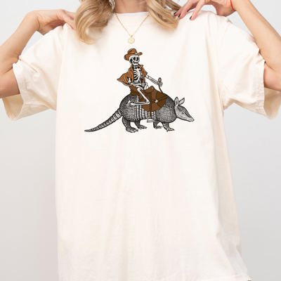 Cowboy Skeleton Armadillo Meme Halloween Retro Vintage Graphic Comfort Colors Tee