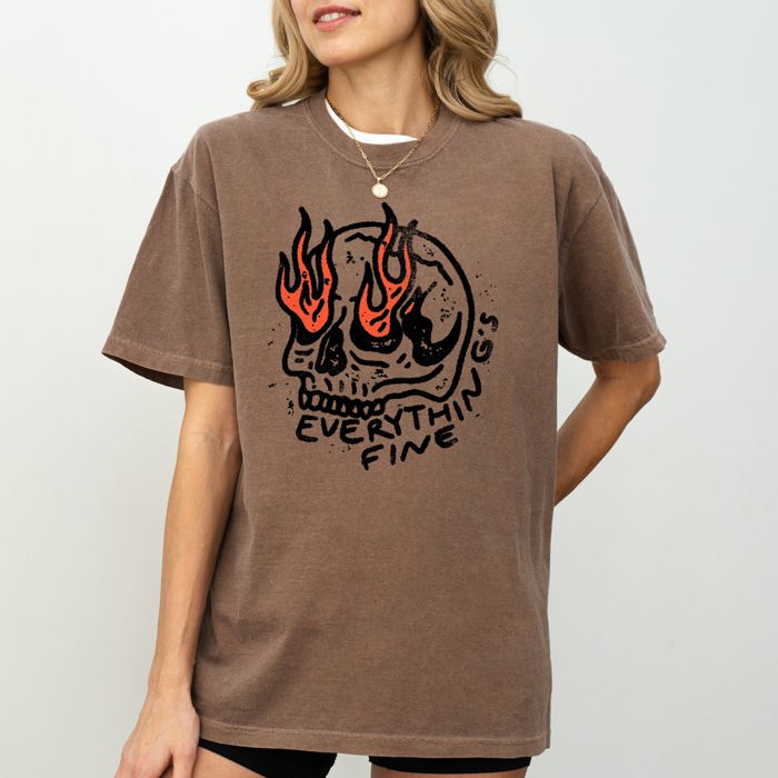 Everything's Fine Skeleton Fire Halloween Meme Graphic Illustration Edition Comfort Colors Tee
