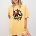 Medium Mustard Everything's Fine Skeleton Fire Halloween Meme Graphic Illustration Edition Comfort Colors Tee