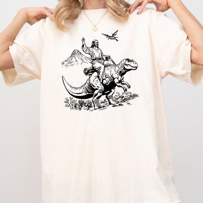 Jesus Riding A Dinosaur Meme Jurassic Illustration Vintage Style Comfort Colors Tee