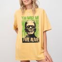 Small Mustard You Make Me Feel Alive Frankenstein Meme Halloween Zombie Spooky Witch Skeleton Comfort Colors Tee