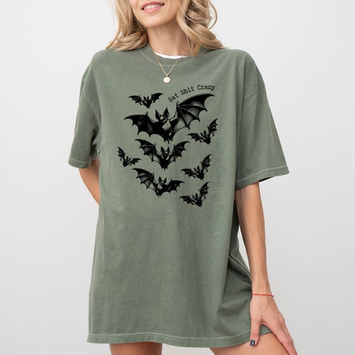 Bat Shit Crazy Halloween Spooky Witch Bats Haunted Night Sky Silhouette Comfort Colors Tee