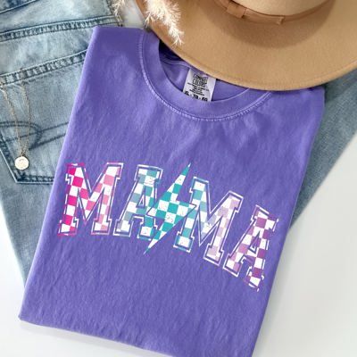 Retro Mama Checkered Lightning Bolt Colorful Mom Vintage Inspired Comfort Colors Tee