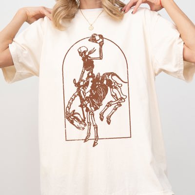 Skeleton Rodeo Rider Cowboy Horse Bronco Western Country Vintage Comfort Colors Tee
